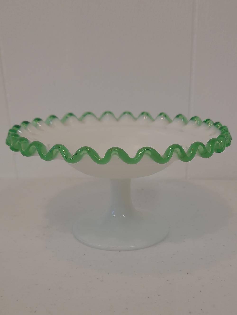 Fenton Emerald Crest Candy Compote 1950's 6" x 3.5" White Base with Green Accent